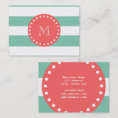 Mint Green White Stripes Pattern, Coral Monogram Visitekaartje (Voorkant / Achterkant)