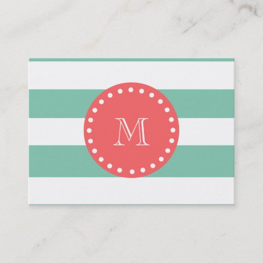 Mint Green White Stripes Pattern, Coral Monogram Visitekaartje (Voorkant)