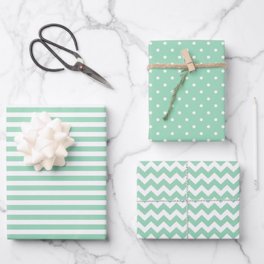 Mint Green & White Stripes Polka Dot Chevron Inpakpapier Vel (Voorkant)
