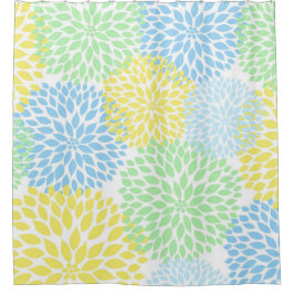 Mint Green Yellow Blue Floral Dahlias blossom Douchegordijn