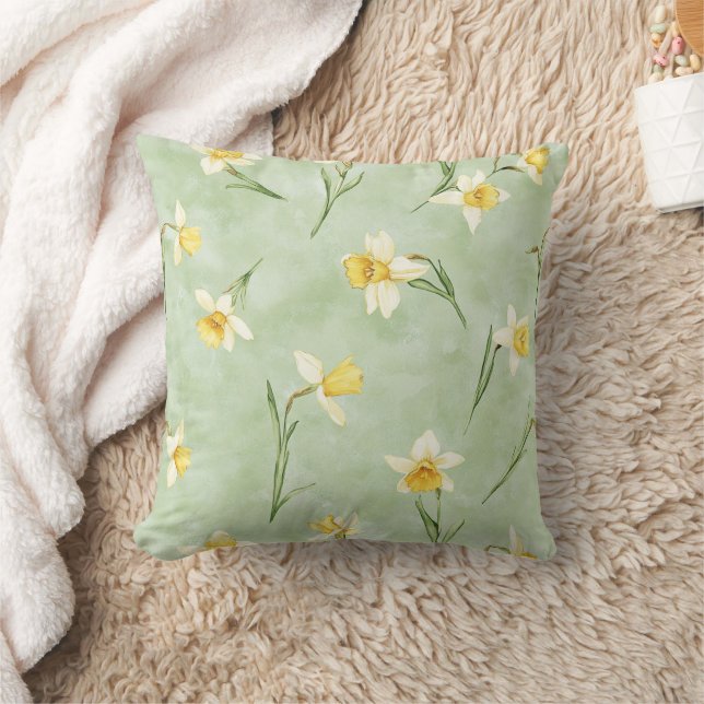 Mint Green Yellow Daffodil Flowers Kussen (Deken)