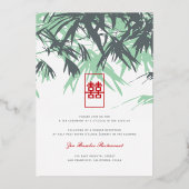 Mint Green Zen Bamboo laat Chinees Chinees bruilof Folie Uitnodiging (Achterkant)