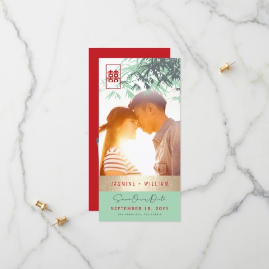 Mint Green Zen Bamboo laat foto van Chinees huweli Save The Date (Voorkant / Achterkant in situ)