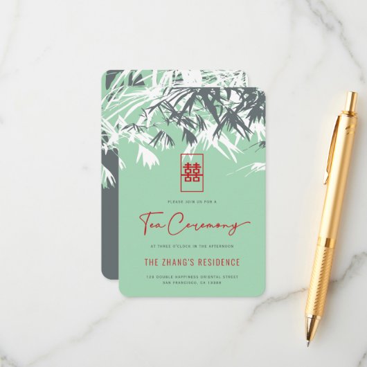 Mint Green Zen Bamboo verlaat Chinese thee ceremon Informatiekaartje (Voorkant / Achterkant in situ)