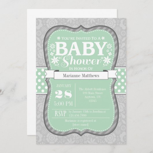 Mint Grey Bloemen Baby shower Uitnodiging (Voorkant / Achterkant)