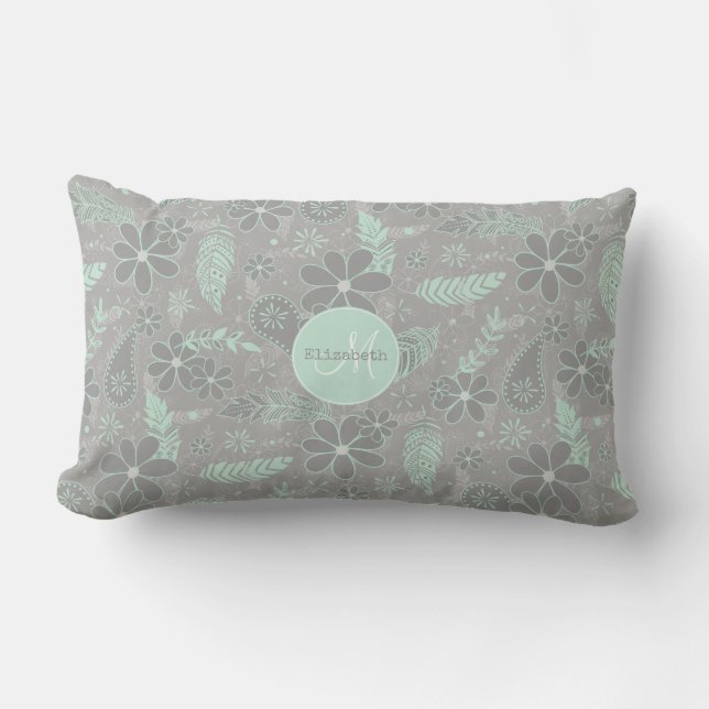 Mint Grey Boho Bloemen Veren Patroon Outdoor Buitenkussen (Voorkant)