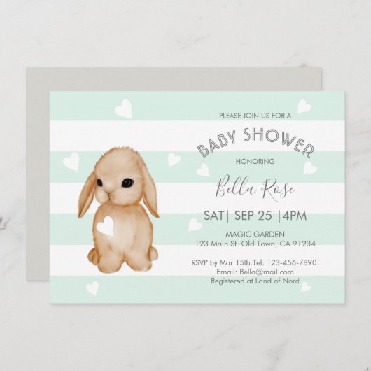 Mint Grey Bunny Baby Shower-uitnodigingen Kaart (Voorkant / Achterkant)