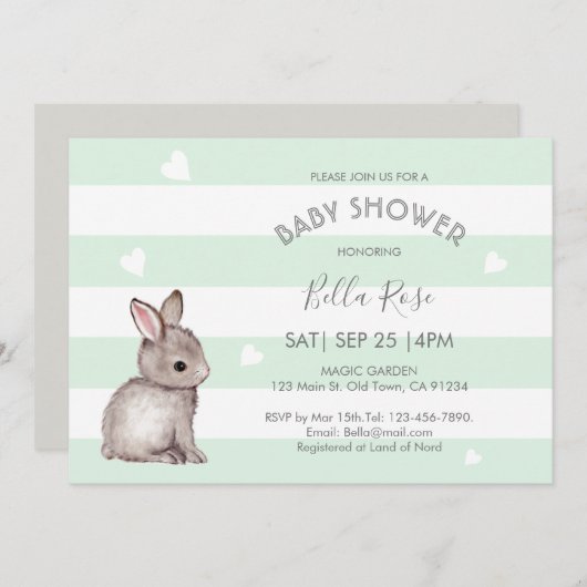 Mint Grey Bunny Baby Shower-uitnodigingen Kaart (Voorkant / Achterkant)