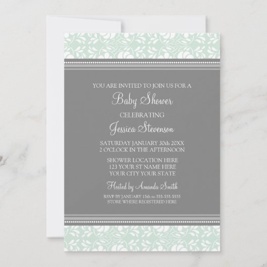 Mint Grey Damask Custom Baby Shower Invitaties Kaart (Achterkant)