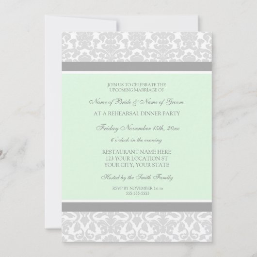 Mint Grey Damask Rehearsal Dinner Party Kaart (Achterkant)
