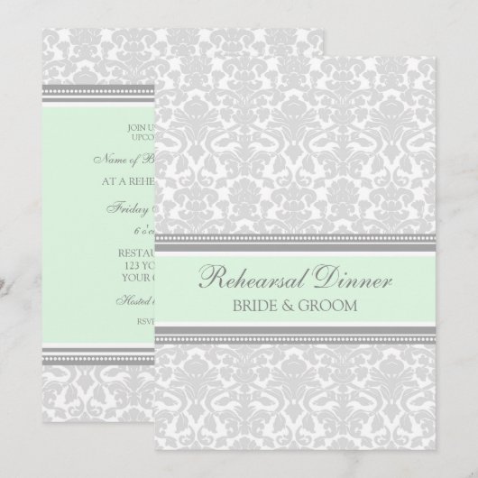 Mint Grey Damask Rehearsal Dinner Party Kaart (Voorkant / Achterkant)