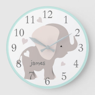 Mint Grey Elephant Nursery Wall Clock Grote Klok