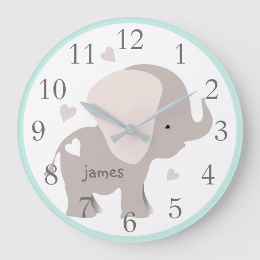 Mint Grey Elephant Nursery Wall Clock Grote Klok (Voorkant)