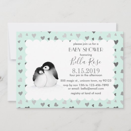 Mint Grey Hearts Penguins Baby Shower Invitations Kaart (Voorkant)