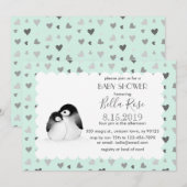Mint Grey Hearts Penguins Baby Shower Invitations Kaart (Voorkant / Achterkant)