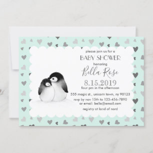 Mint Grey Hearts Penguins Baby Shower Invitations Kaart