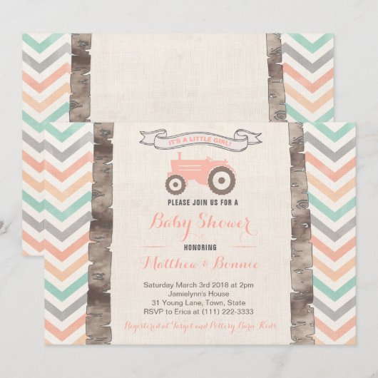 Mint Grey Peach Tractor Girl Baby shower Kaart (Voorkant / Achterkant)