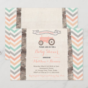 Mint Grey Peach Tractor Girl Baby shower Kaart