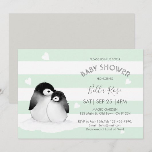 Mint Grey Penguin Baby Shower Invitations Kaart (Voorkant / Achterkant)