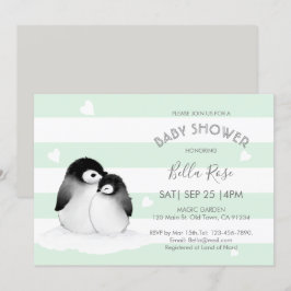 Mint Grey Penguin Baby Shower Invitations Kaart