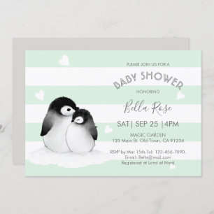 Mint Grey Penguin Baby Shower Invitations Kaart