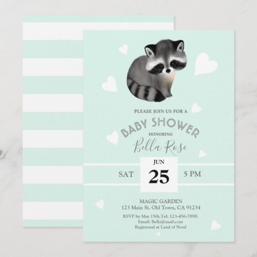 Mint Grey Raccoon Baby Shower-uitnodigingen Kaart (Voorkant / Achterkant)