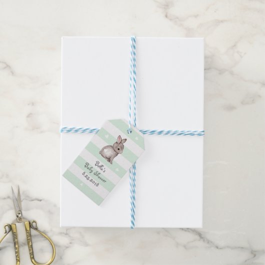 Mint Grey Stripes Bunny Heart Gift Label Cadeaulabel (Met Touw)