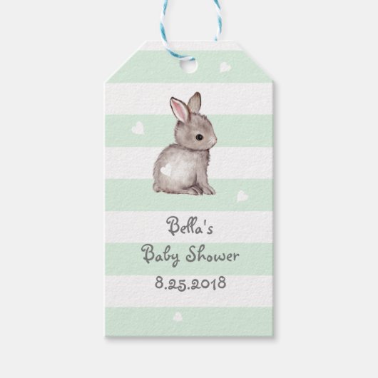 Mint Grey Stripes Bunny Heart Gift Label Cadeaulabel (Voorkant)