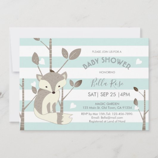 Mint Grey Stripes Fox Heart Baby shower Kaart (Voorkant)