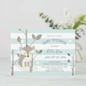 Mint Grey Stripes Fox Heart Baby shower Kaart (Staand voorkant)