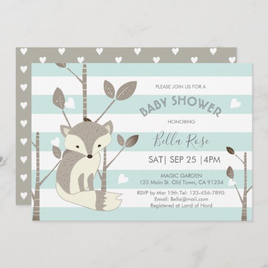 Mint Grey Stripes Fox Heart Baby shower Kaart (Voorkant / Achterkant)