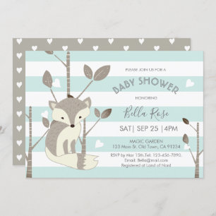 Mint Grey Stripes Fox Heart Baby shower Kaart