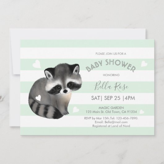 Mint Grey Stripes Raccoon Heart Baby shower Kaart (Voorkant)
