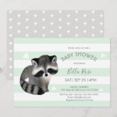 Mint Grey Stripes Raccoon Heart Baby shower Kaart (Voorkant / Achterkant)