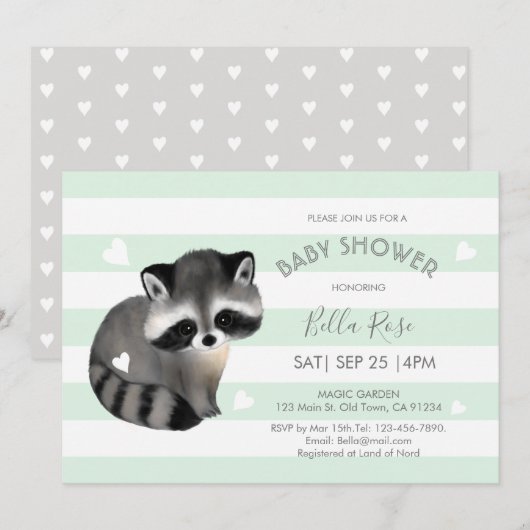 Mint Grey Stripes Raccoon Heart Baby shower Kaart (Voorkant / Achterkant)