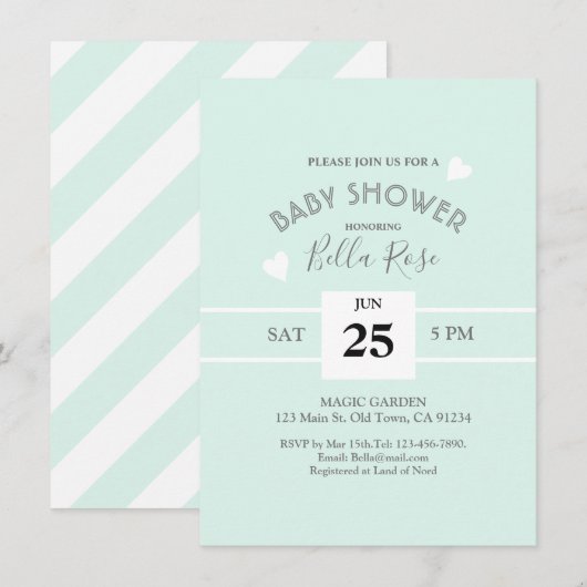 Mint Grey White Stripes Baby shower Invite Kaart (Voorkant / Achterkant)