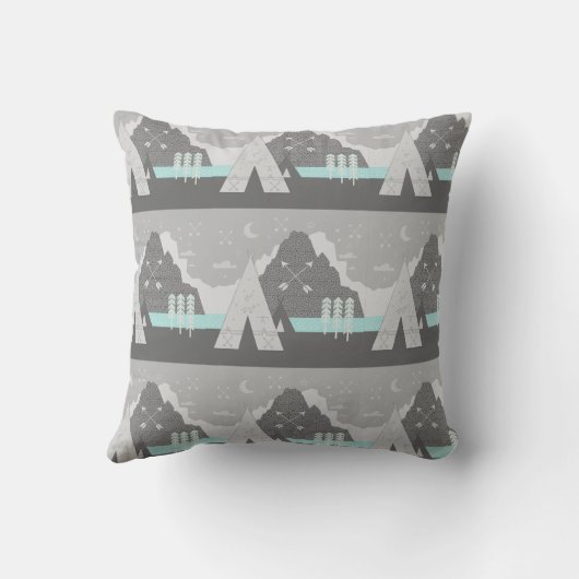 Mint Grijs Indische Tribal Tepee Arrow Moon Mounta Kussen (Achterkant)