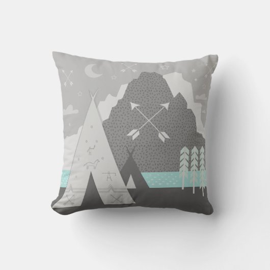 Mint Grijs Indische Tribal Tepee Arrow Moon Mounta Kussen (Voorkant)