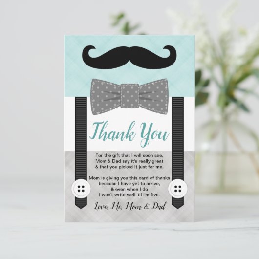 Mint grijs klein man snor jongen baby shower bedankkaart (Staand voorkant)