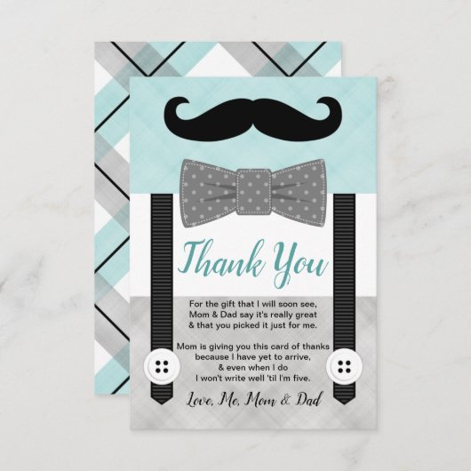 Mint grijs klein man snor jongen baby shower bedankkaart (Voorkant / Achterkant)