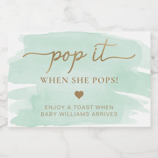 Mint Groen Aquarel Baby shower Mousserende Wijn Sparkling Wijnetiket (Enkel label)