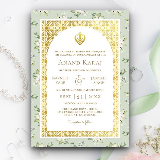 Mint Groen Bloemen Anand Karaj Punjabi Sikh Bruilo Kaart