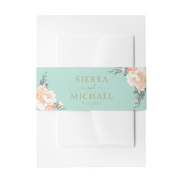 Mint Groen Bloemen Blush Perzik Crème Goud Bruilof Uitnodigingen Wikkel