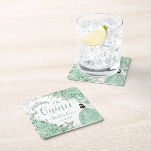 Mint Groen Bloemen Prinses Zilver Quinceañera Kartonnen Onderzetters (Insitu)
