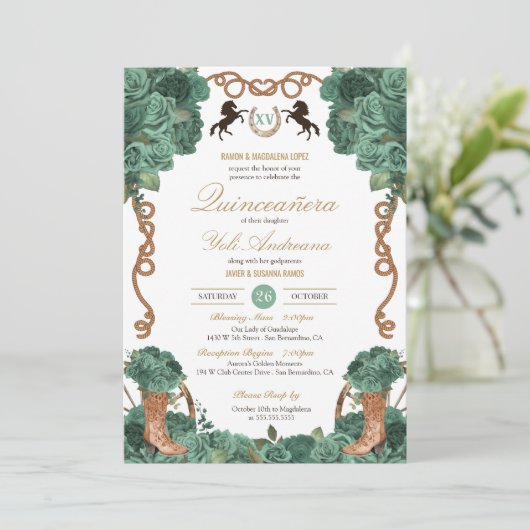 Mint Groen Bloemen Western Charro Ranch Quinceaner Kaart (Staand voorkant)