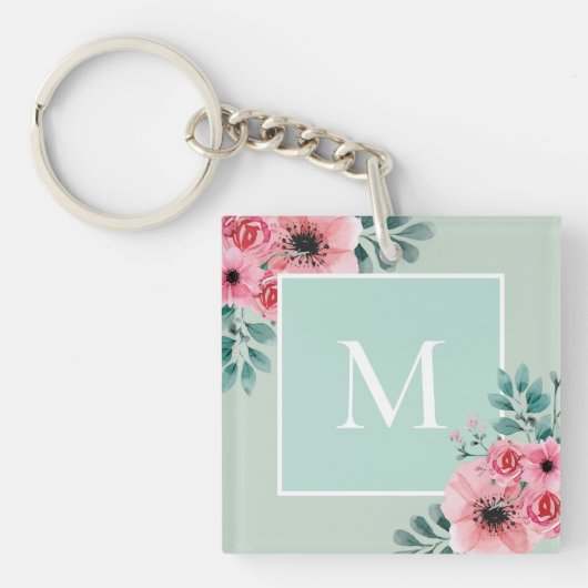 Mint Groen | Bloemenfoto Monogram Sleutelring Sleutelhanger (Voorkant)