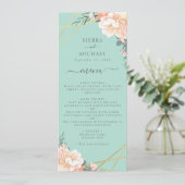 Mint Groen Bloemenperzik Goud Bruiloft Receptie Menu (Staand voorkant)
