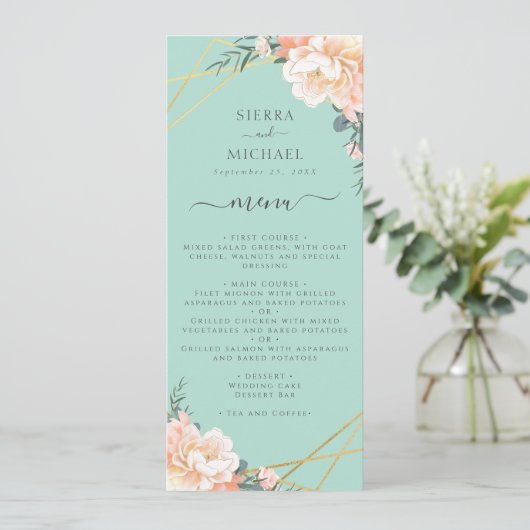 Mint Groen Bloemenperzik Goud Bruiloft Receptie Menu (Staand voorkant)