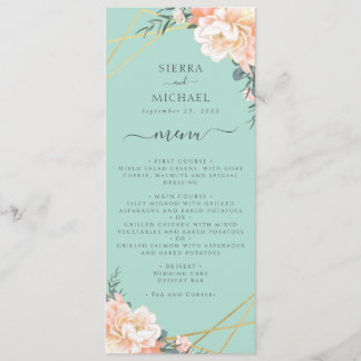 Mint Groen Bloemenperzik Goud Bruiloft Receptie Menu