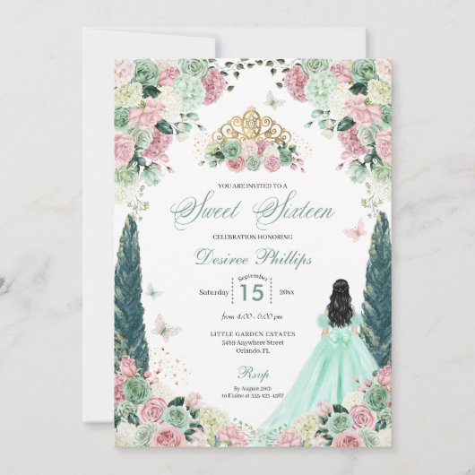 Mint Groen & Blush Betoverde Tuin Zoet Zestien Kaart (Voorkant)